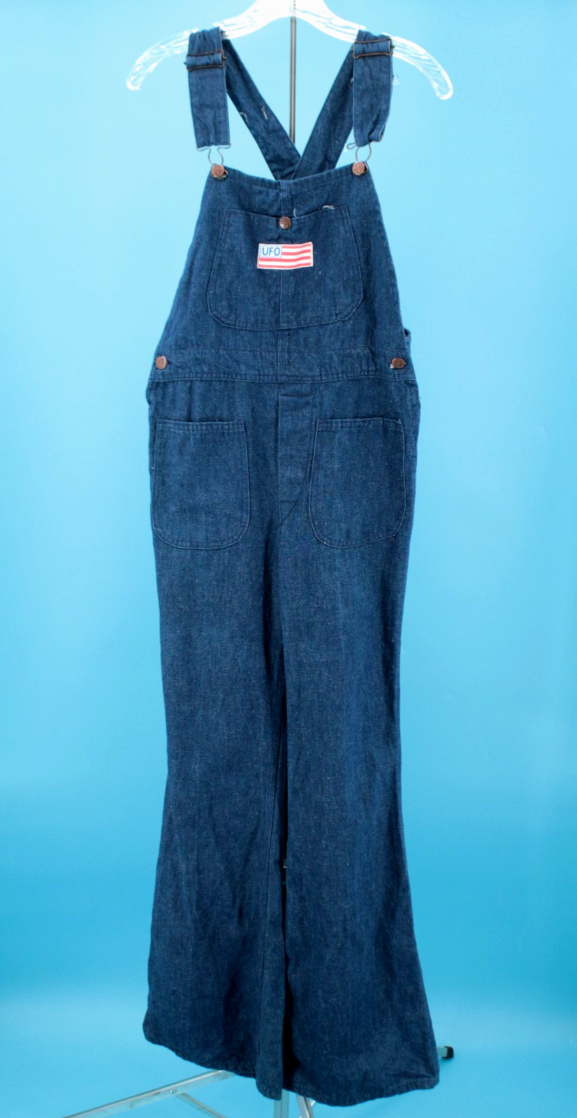 VTG Women’s 70s Dark Blue Denim UFO Bellbottom Overalls Sz XS/S 30″ 1970s