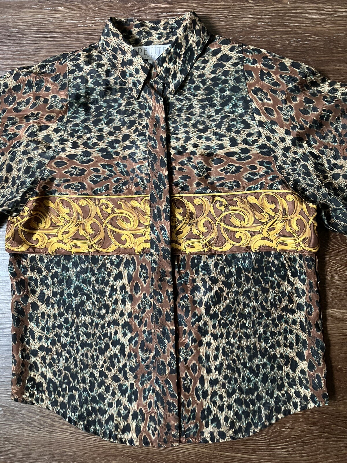 Vintage ’80s Petite Sophisticate Colorful Leopard Print Long Sleeve Blouse S/M