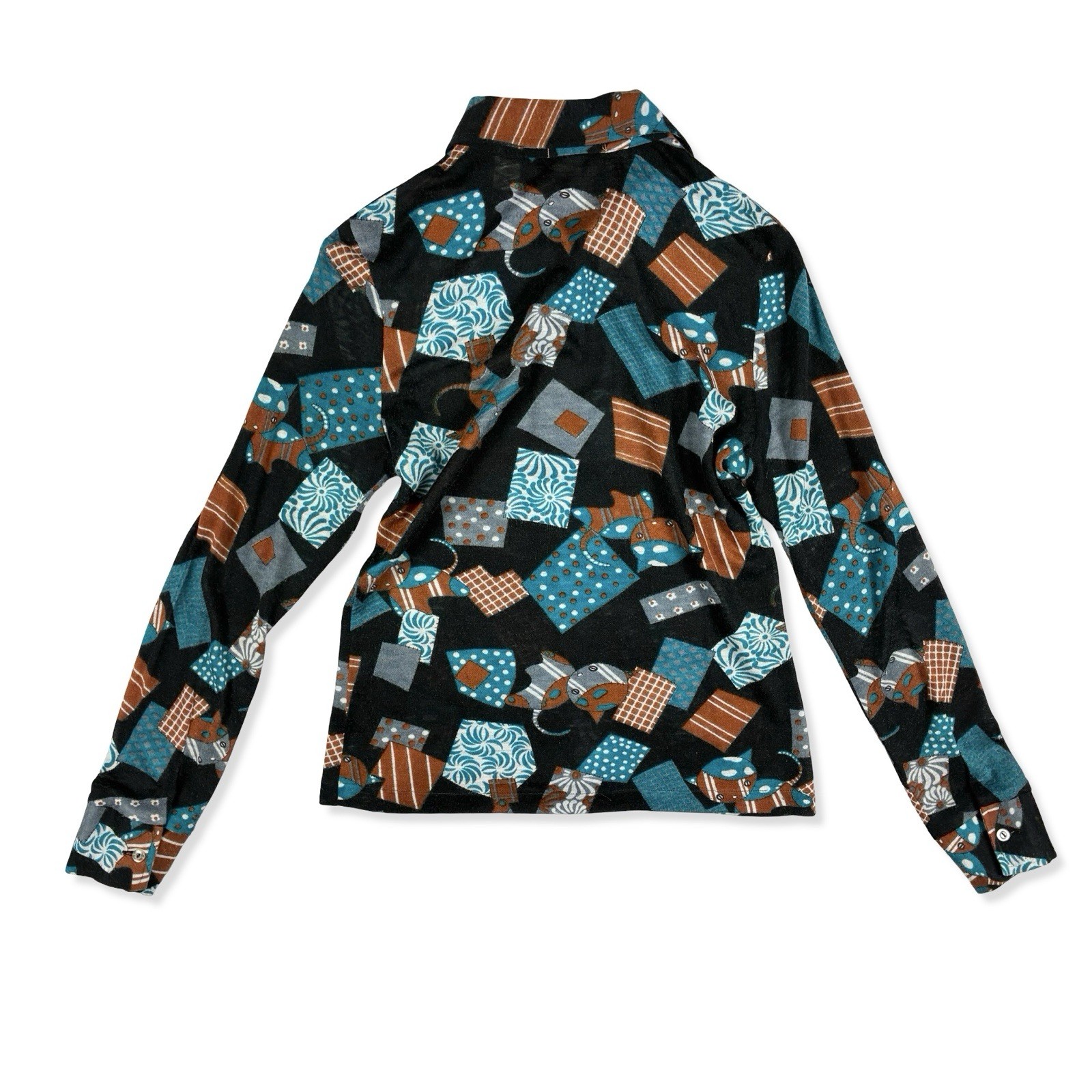 VTG 60s Women’s Jacobson’s Italy Mod Cat Print Long Sleeve Dagger Collar Top M