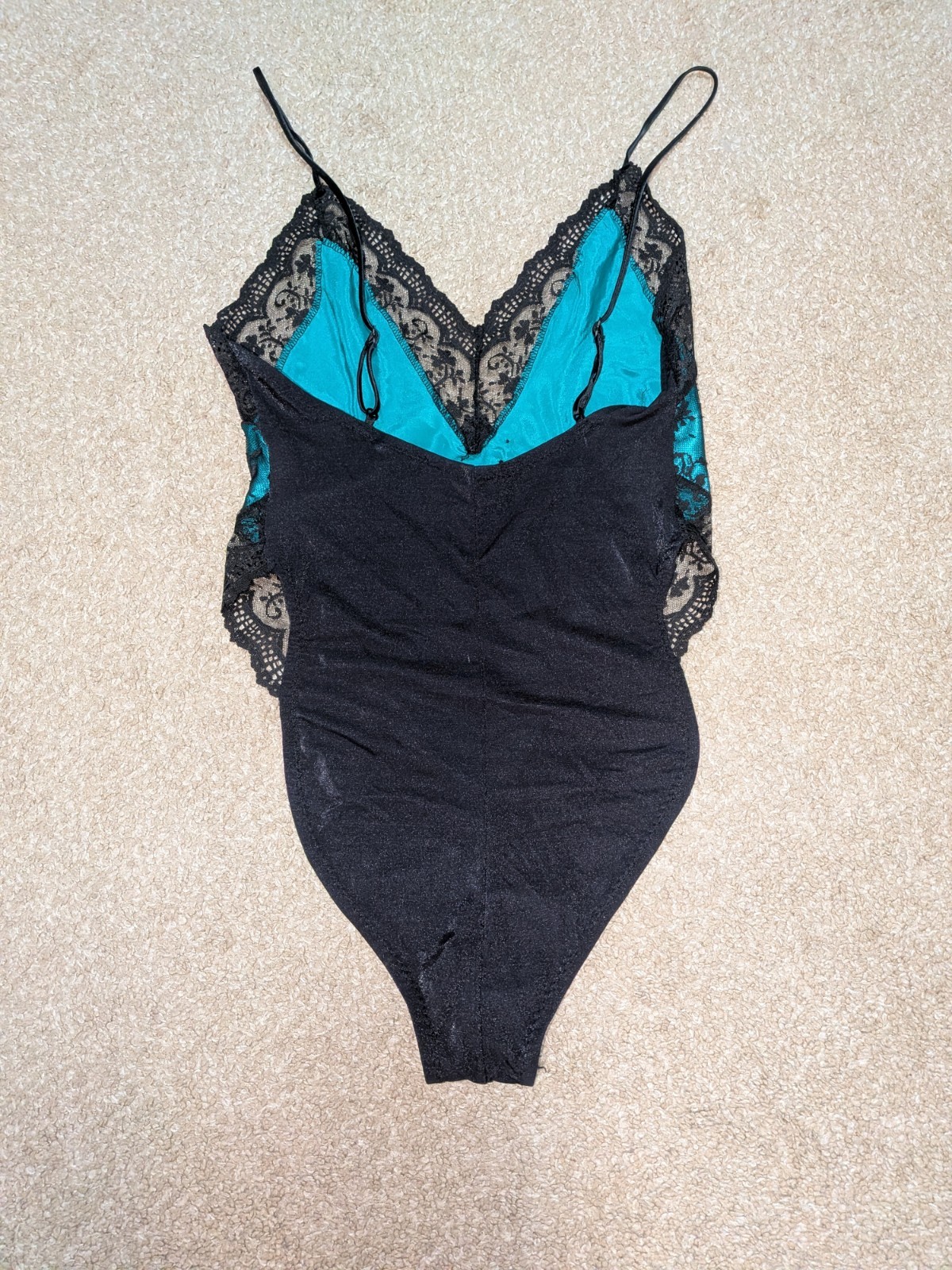 Vintage Mara Teddy Black Lace Over Emerald/Teal Green With Sequin Bead Detail