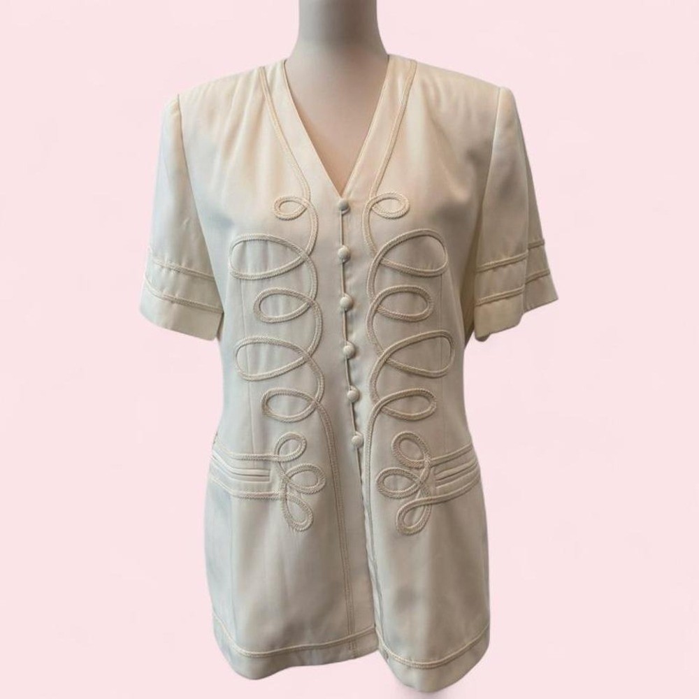 Vintage Chancelle Cream Blouse Soutache Rope Detail Button Front Short Sleeve 12