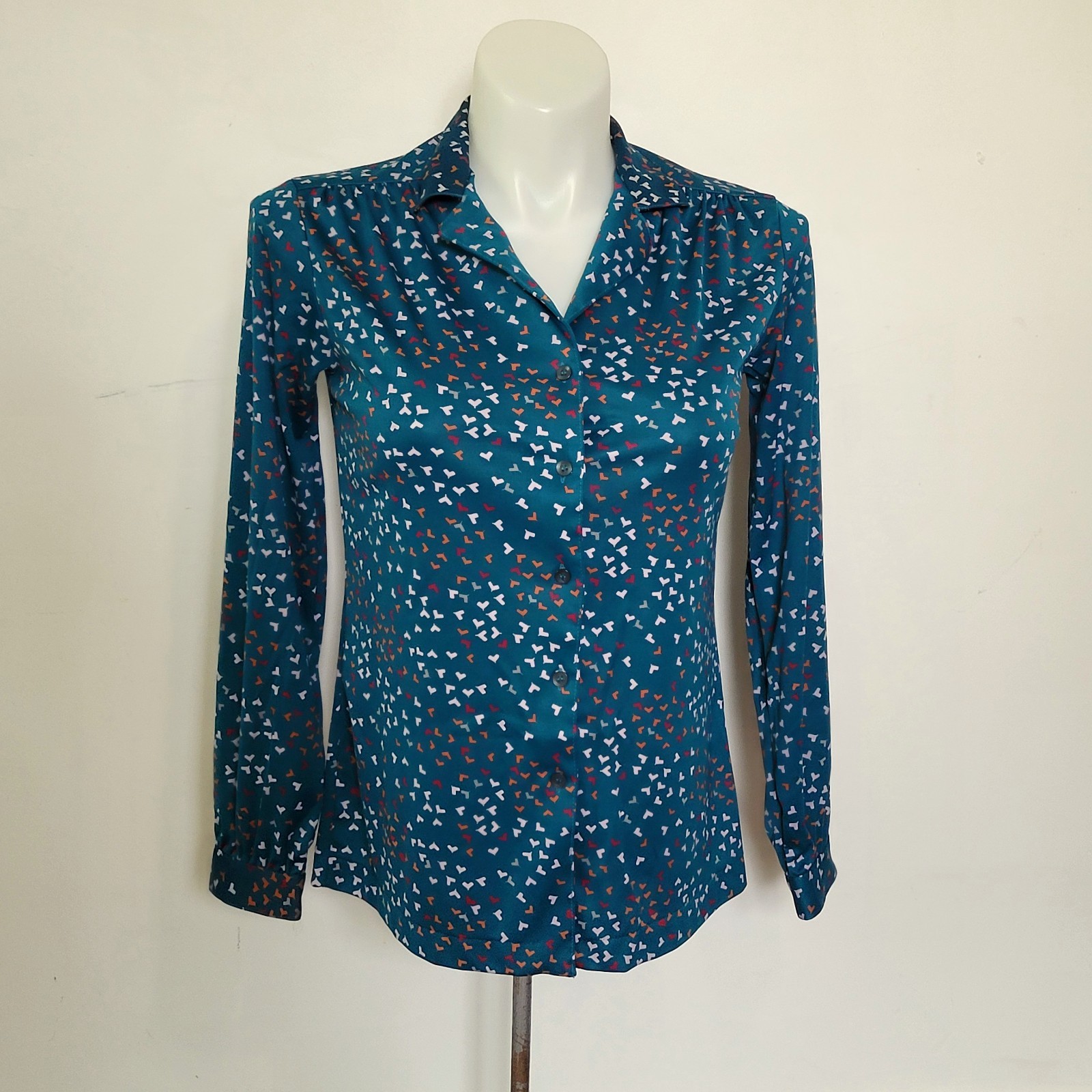 Vintage 70s Sears Blouse The Fashion Place Teal Geometric Button Front Size:Read