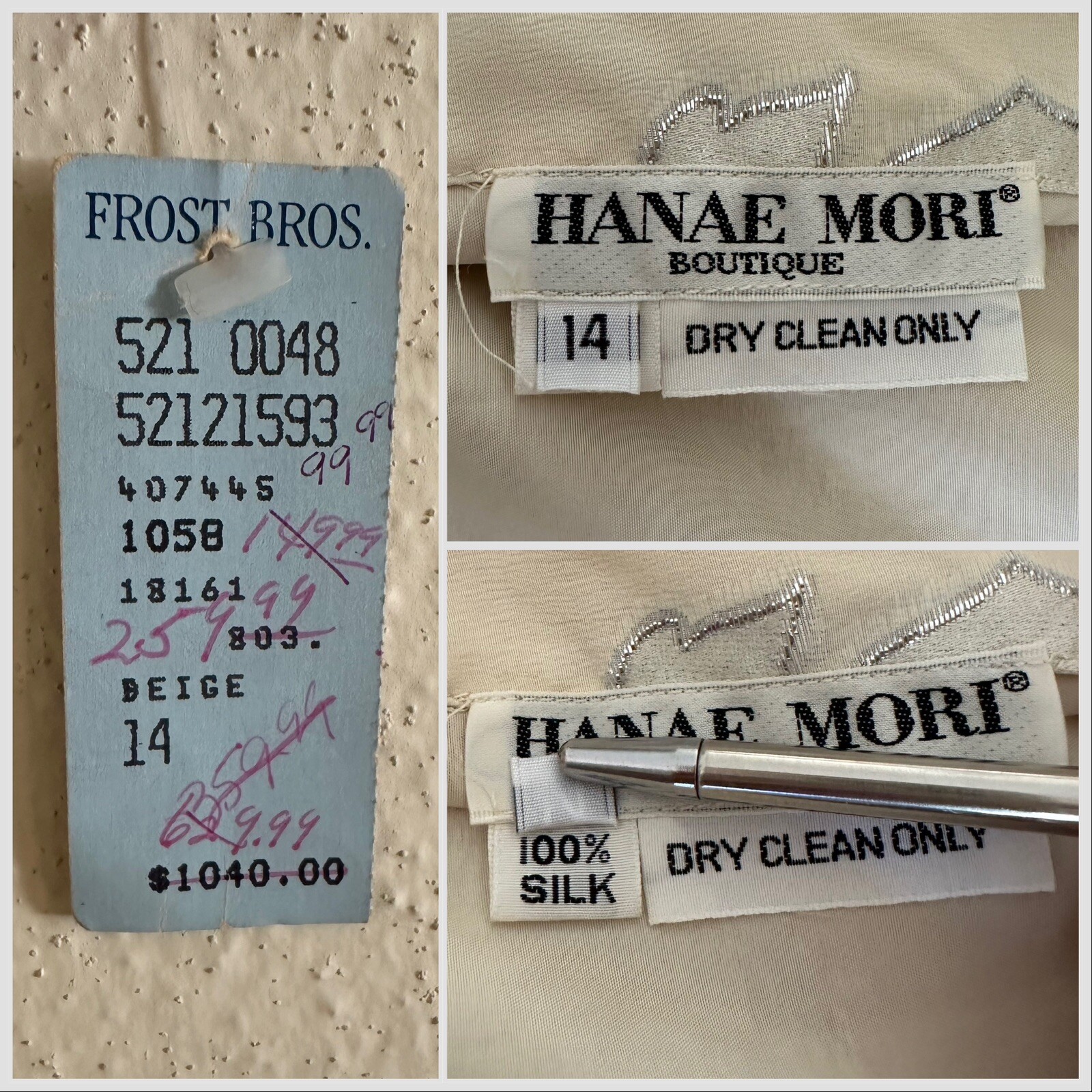 1980s Hanae Mori Silk Dress Metallic Rose Damask Bow Frost Bros VTG