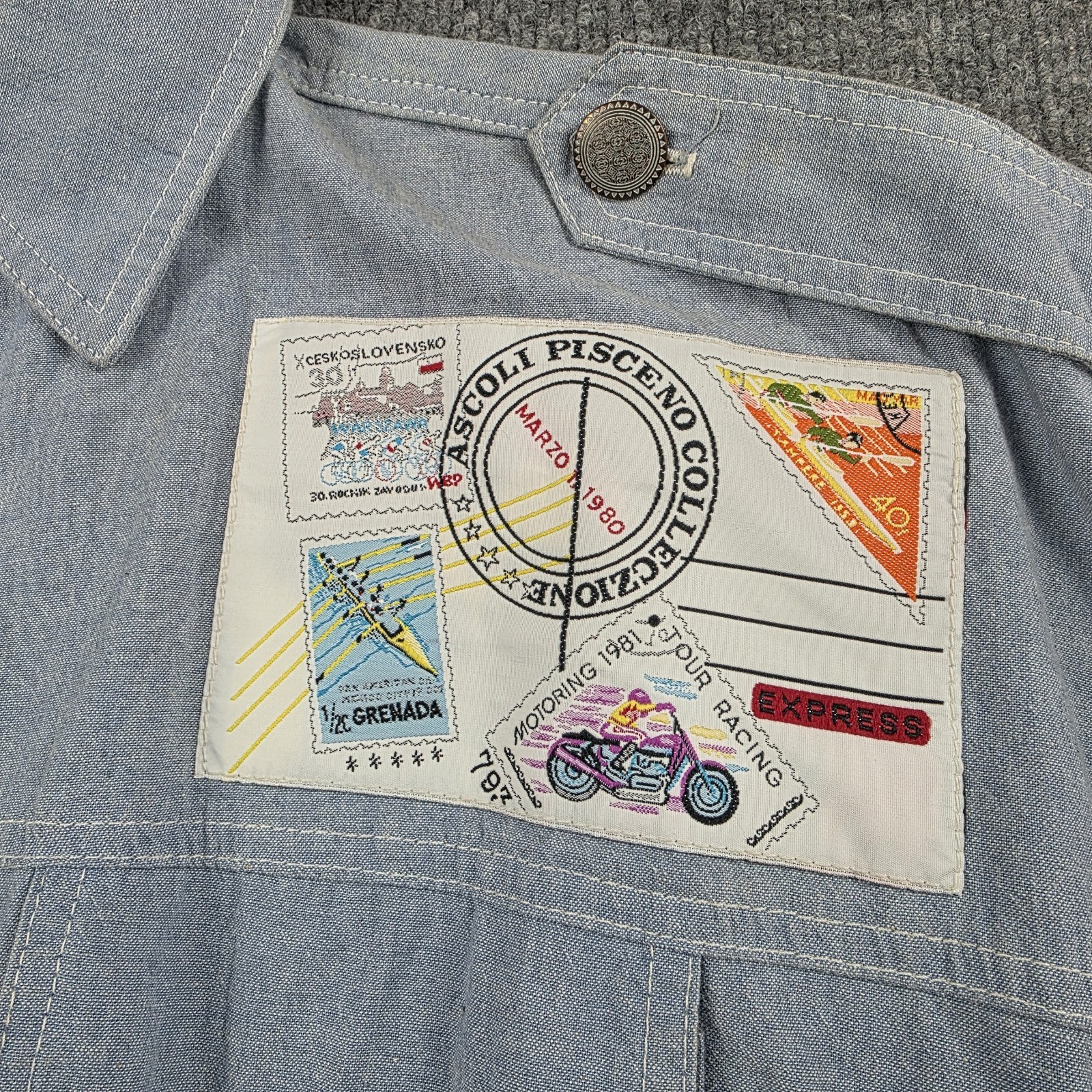 Madness Vintage USA Chambray Bodysuit Womens S Artsy Travel Americana Patches