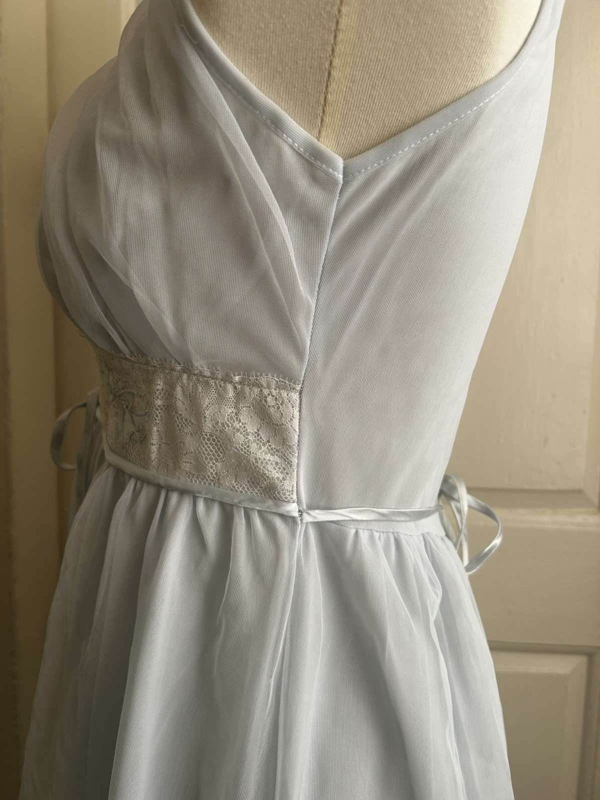 Vintage Pale Blue Chiffon Empire Waist Chemise with Ivory Lace Band XS/XXS