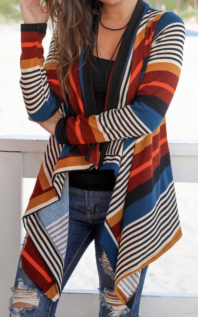 Boho Lagenlook Sweater Womens Medium M Cardigan Coastal Grandma Striped Long NEW