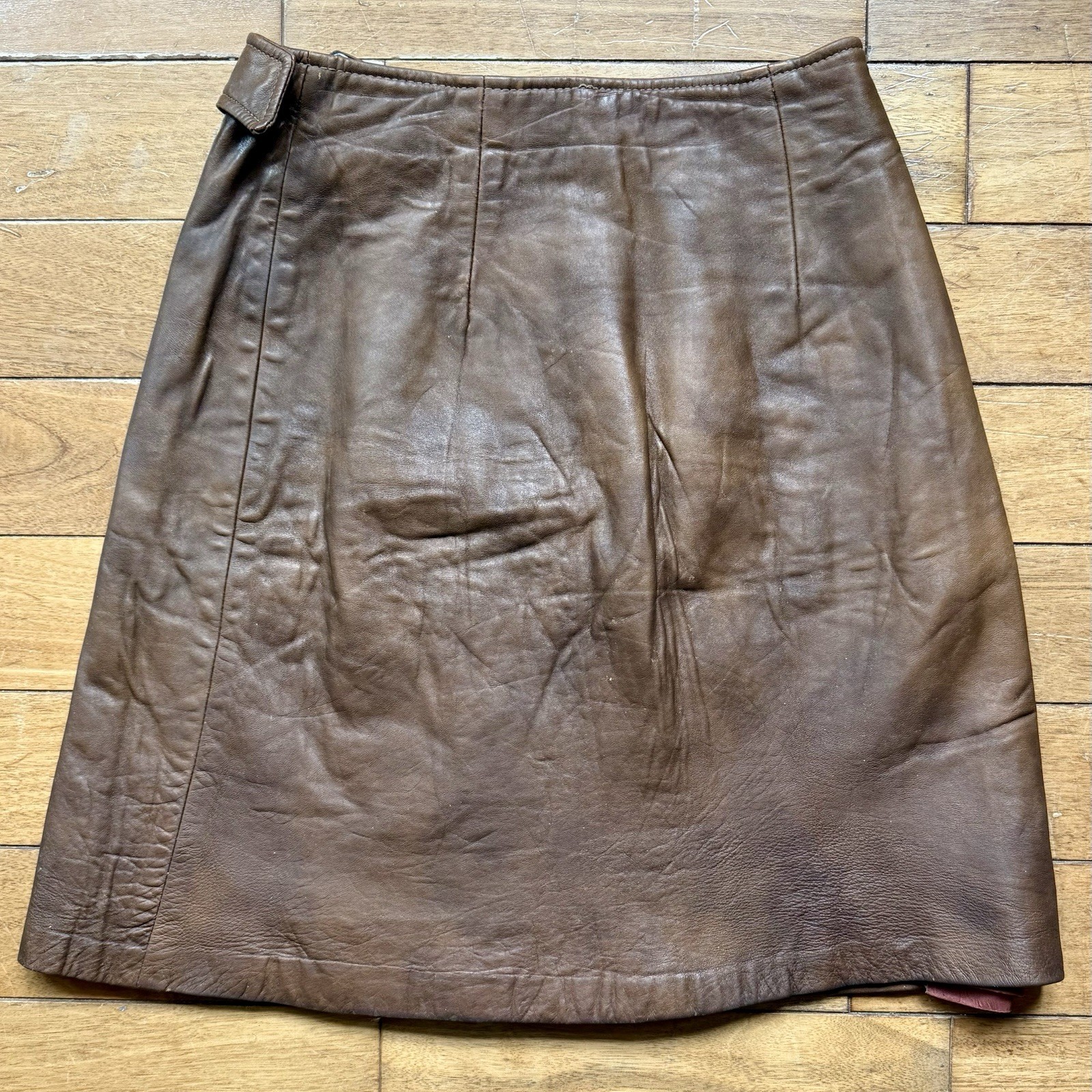 VTG 60s Brown Leather Buckle Snap Lined Mini Skirt Hippie Boho Mod GoGo Scooter