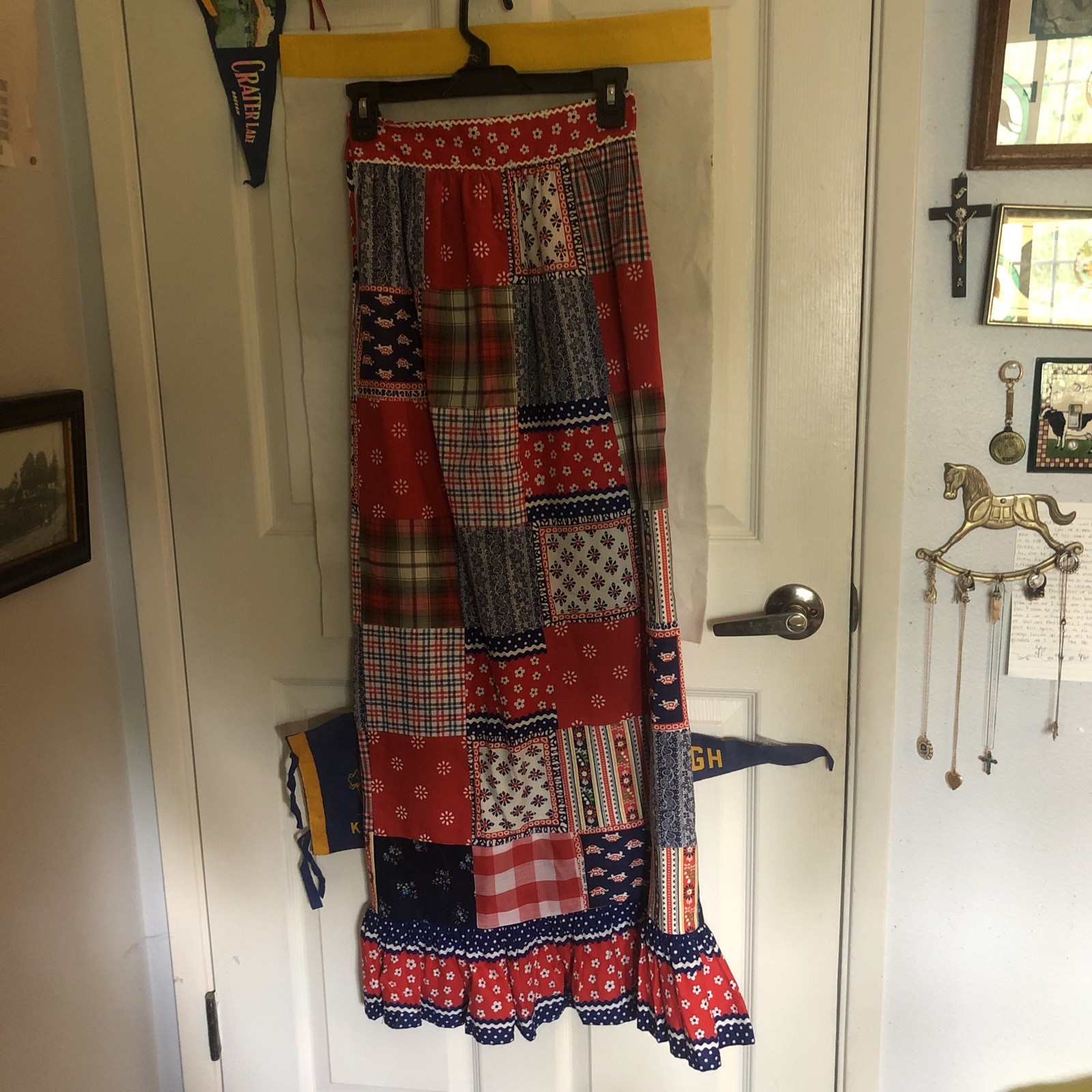 Vintage 70s Patchwork Maxi Skirt XS Red Boho Cottagecore Peasant Prairie
