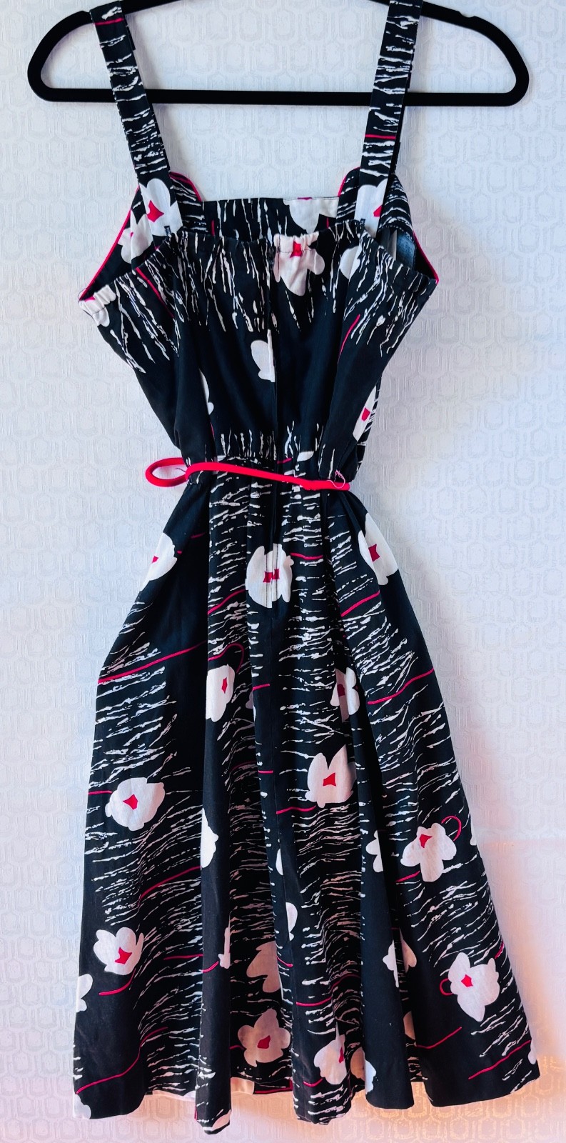 VTG 80’S JENNI RETRO 50’S BLACK&WHITE RED GRAPHIC FLORAL PRINT FLARE SUNDRESS*S