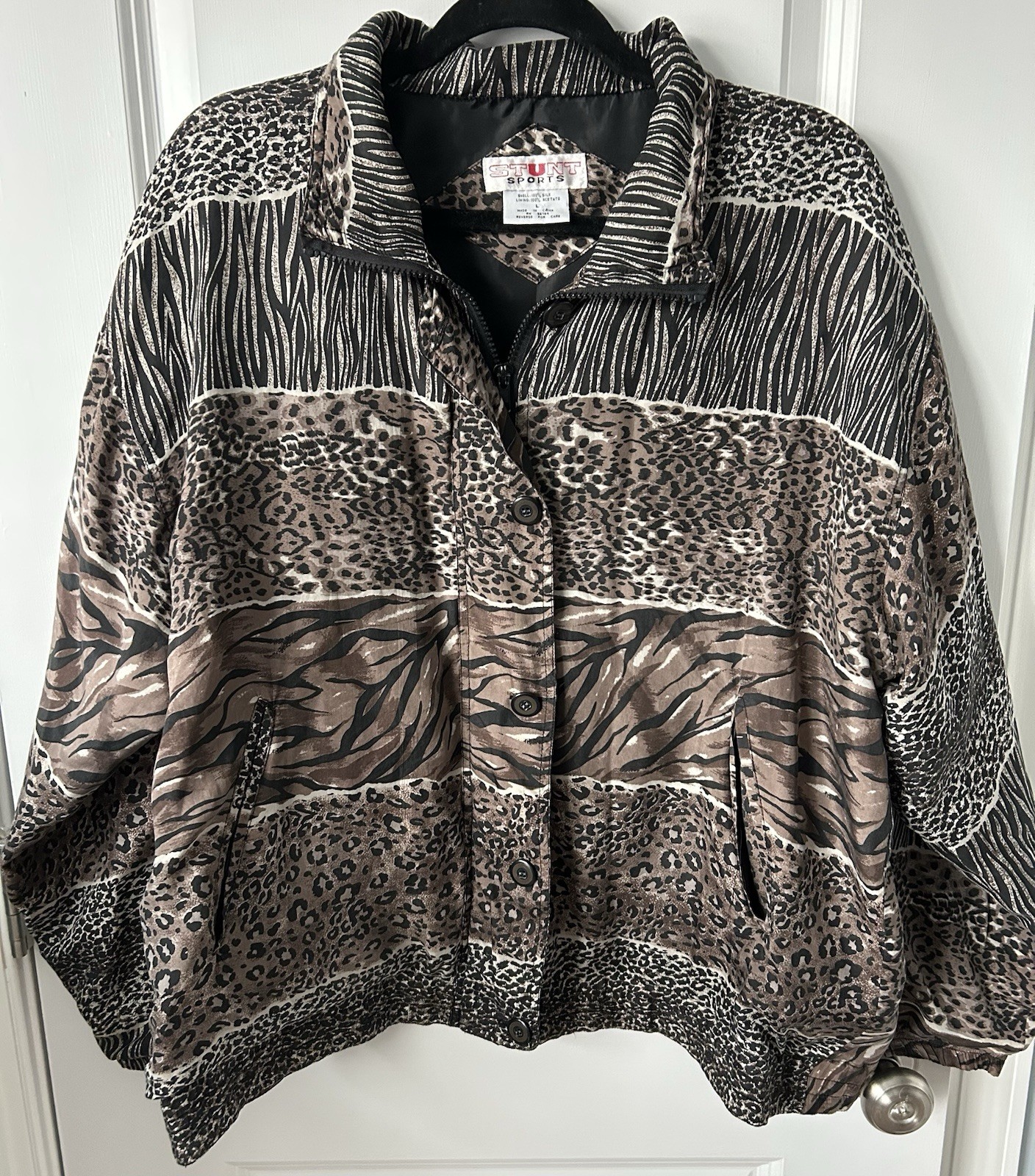 Vintage Silk Bomber Jacket 90’s Leopard Print Stunt Sports Large Women’s
