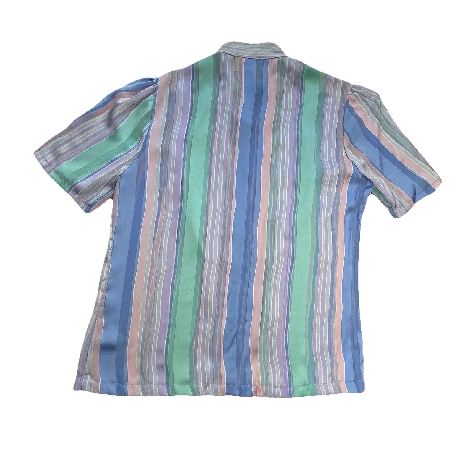 VTG Pastel Striped Blouse 12 High Mock Neck W/ Tie Button Front Retro Office