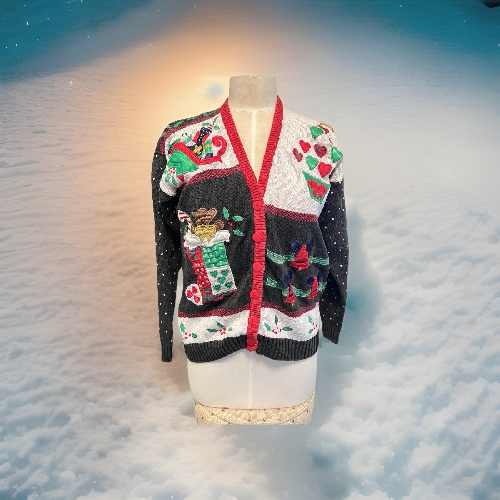 VTG Gibson Black Red Green Ugly Christmas Cardigan Appliqué Stocking Sleigh Tree