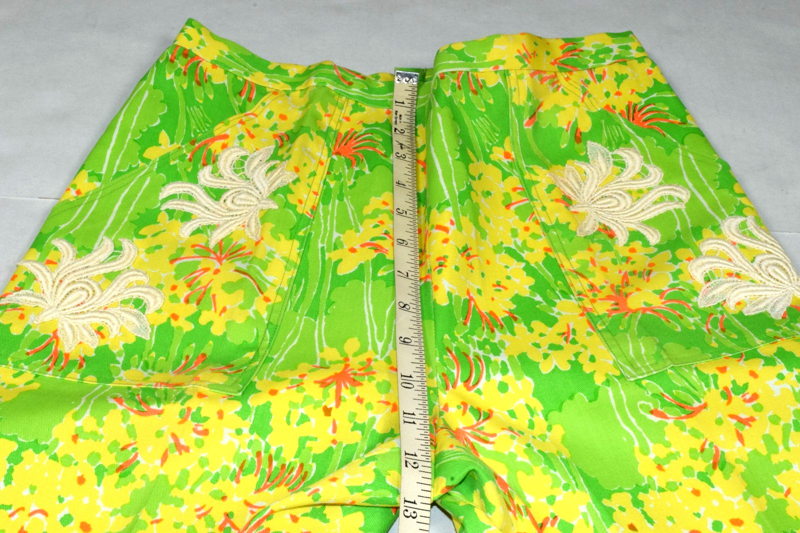 Vintage Lilly Pulitzer Pants Size 28X30 Green Yellow Floral Pocket Appliques Zip
