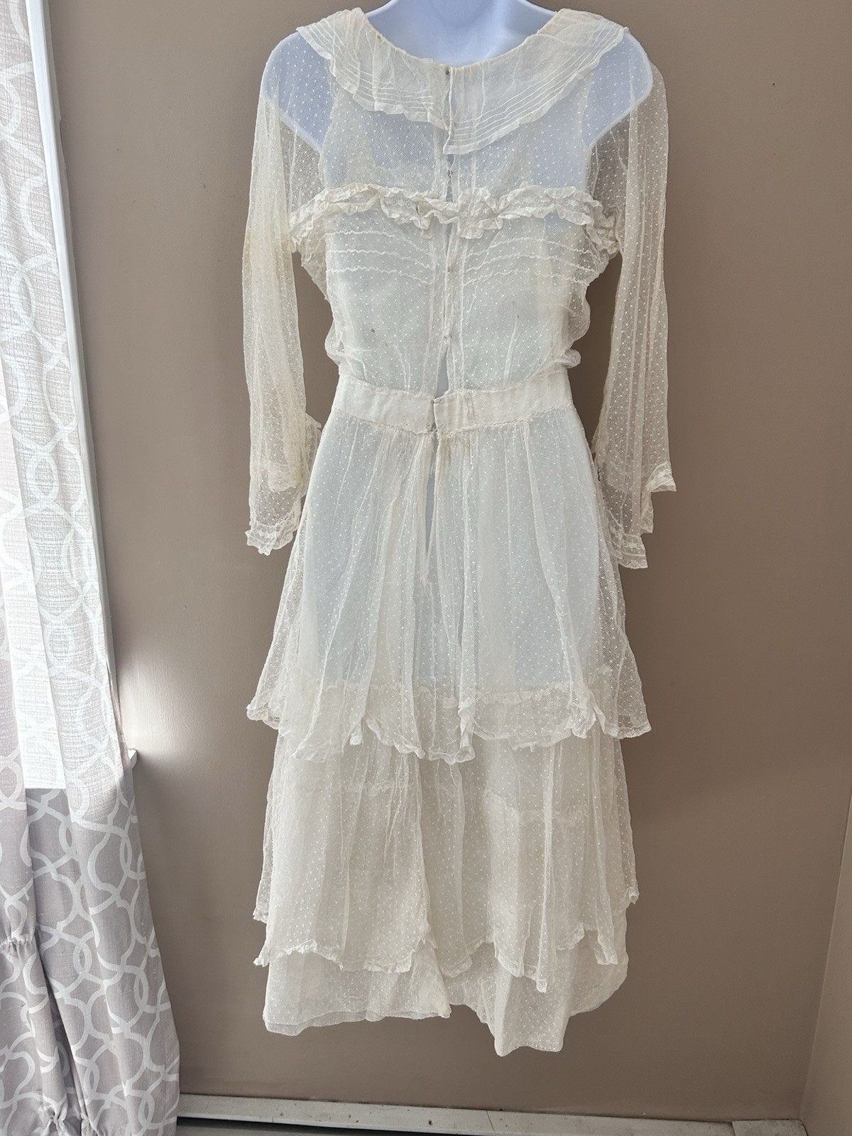Antique Edwardian Dress 1920 Ivory Mesh Lace 32 XS S Vintage Wedding Gown