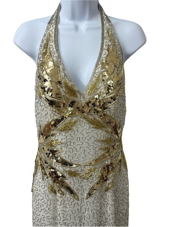 VTG NITE Lime 100% Silk Beaded 90s Showgirl Sequin Beige Gold Dress Size 8