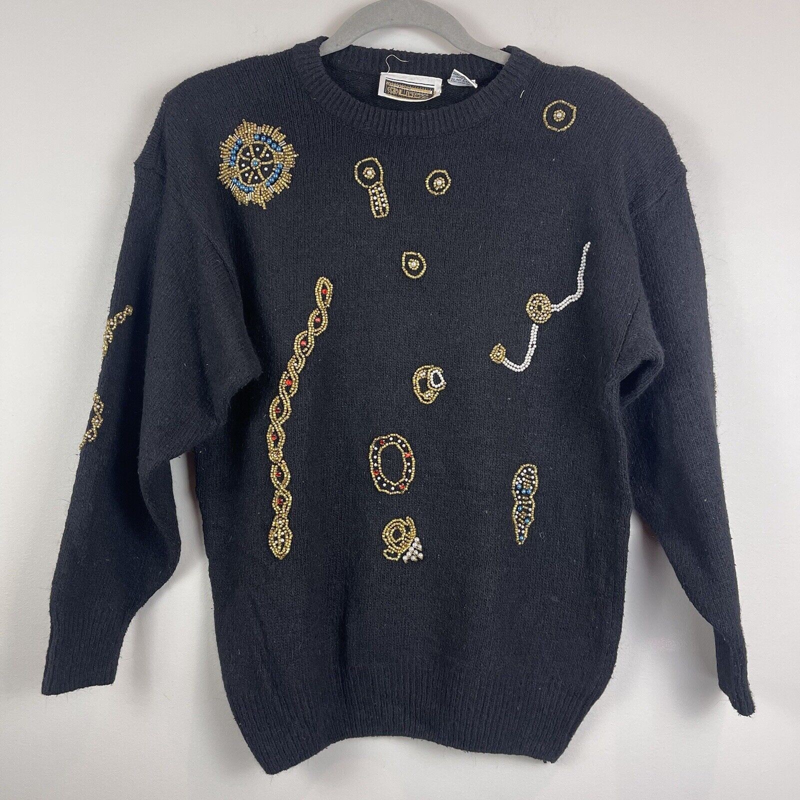 Vintage 90s Black Silk Blend Sweater Multi-Color Beaded Anytime Glitz Small