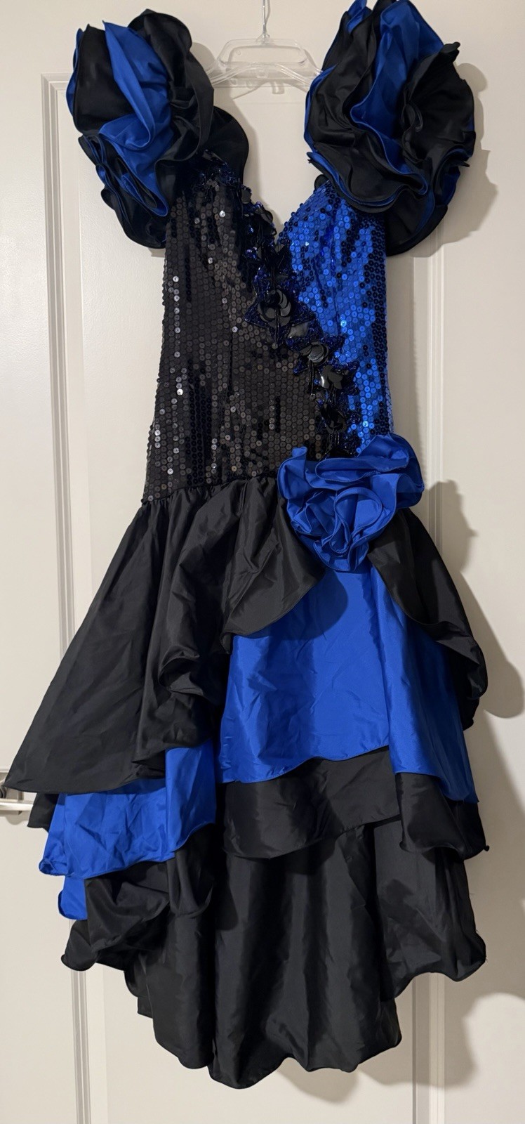 Vintage Alyce Designs Sequin Taffeta Blue Black Ruffle Sleeve Dress 80s 90s Y2k