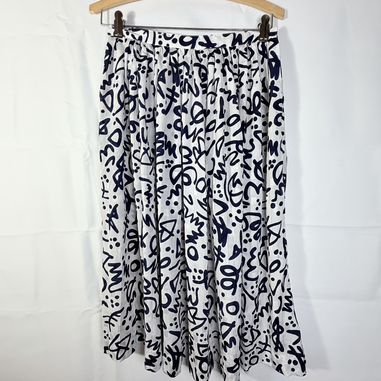 VTG 80s Liz Claiborne 2-Pc Blouson Top & Midi Skirt Navy Graffiti Print Small