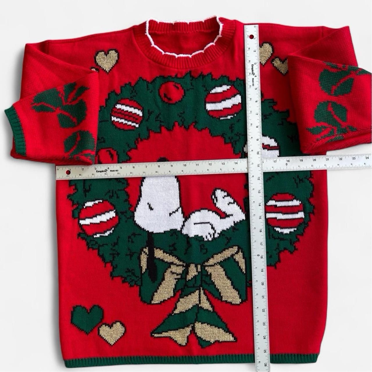 Vintage Snoopy Peanuts Christmas Sweater Wreath Red Knit Festive Holiday 90s