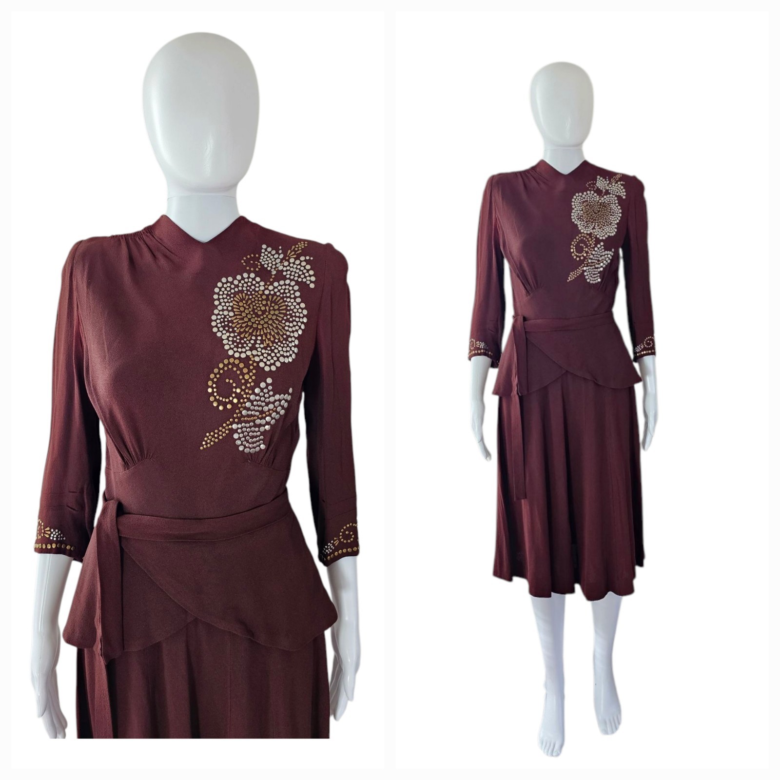 Vintage 1940s WWII rayon crepe cocktail Studded Peplum Midi Coktail Dress W25″