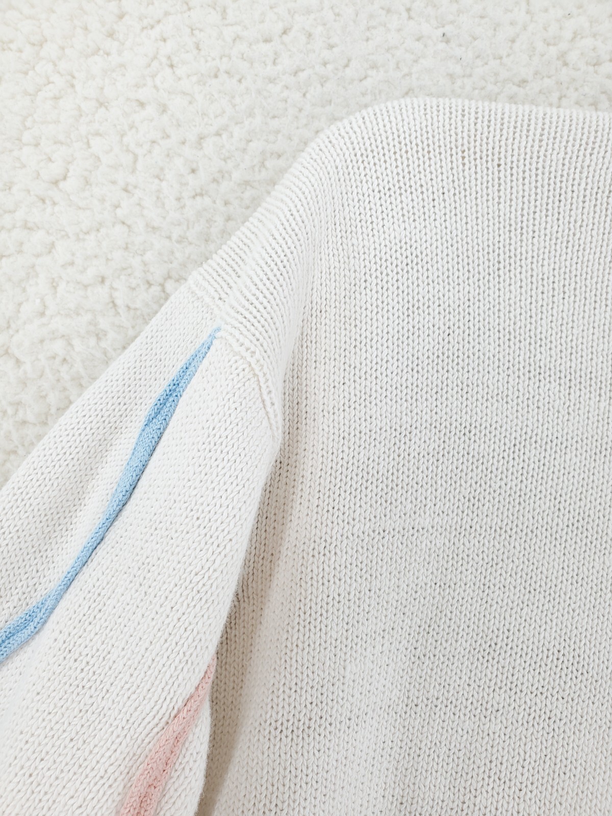 Cardigan Sweater Button V-Neck Cream Colorful Pastel Overstitch Cable M Vtg 80s