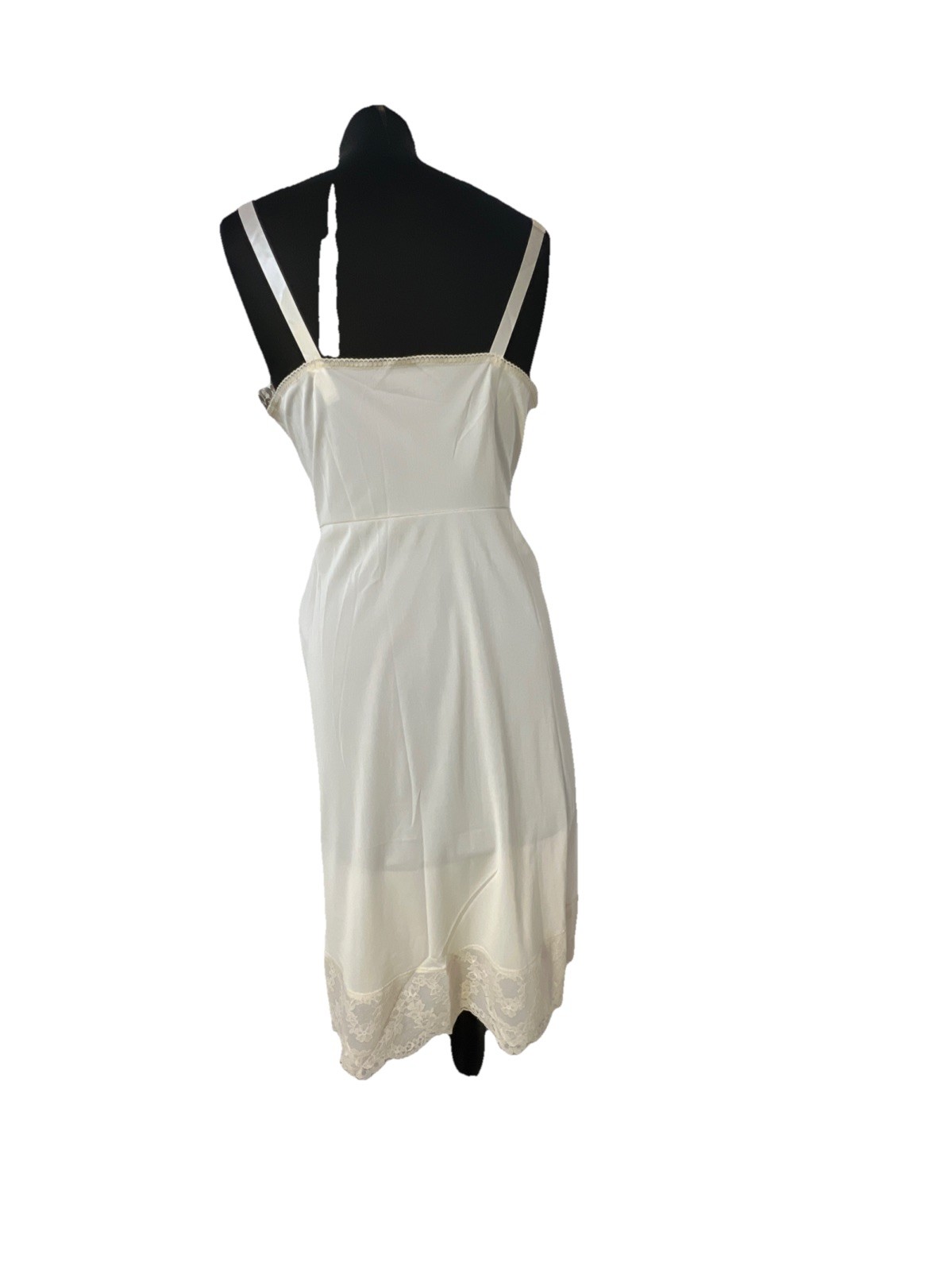 Vtg KOMAR Size 38 Average Tan Satin Nylon Slip Dress Wide Lace Trim Lined Y2K