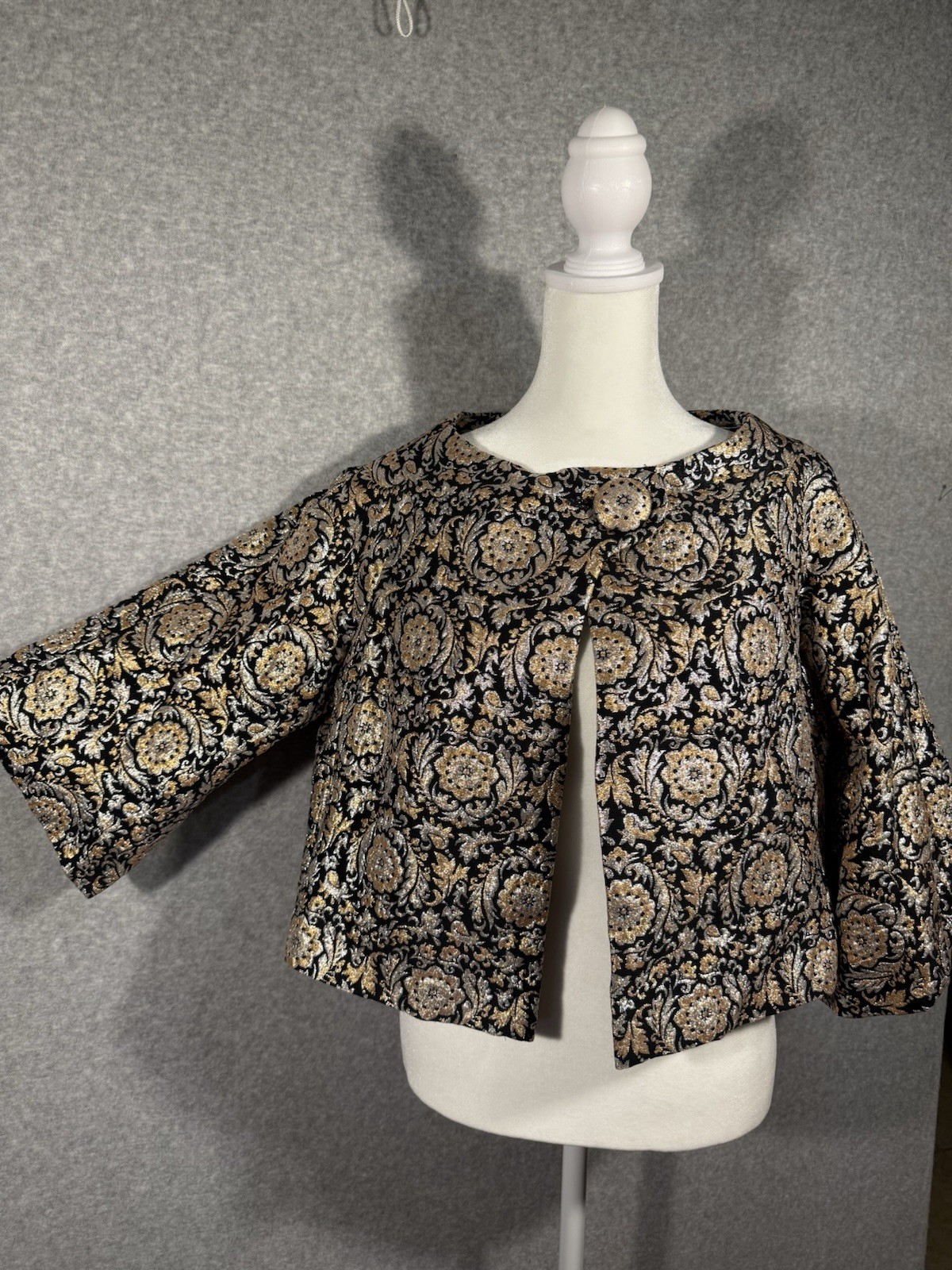 Vintage 1960s Black Silver and Gold Brocade Cropped Jacket