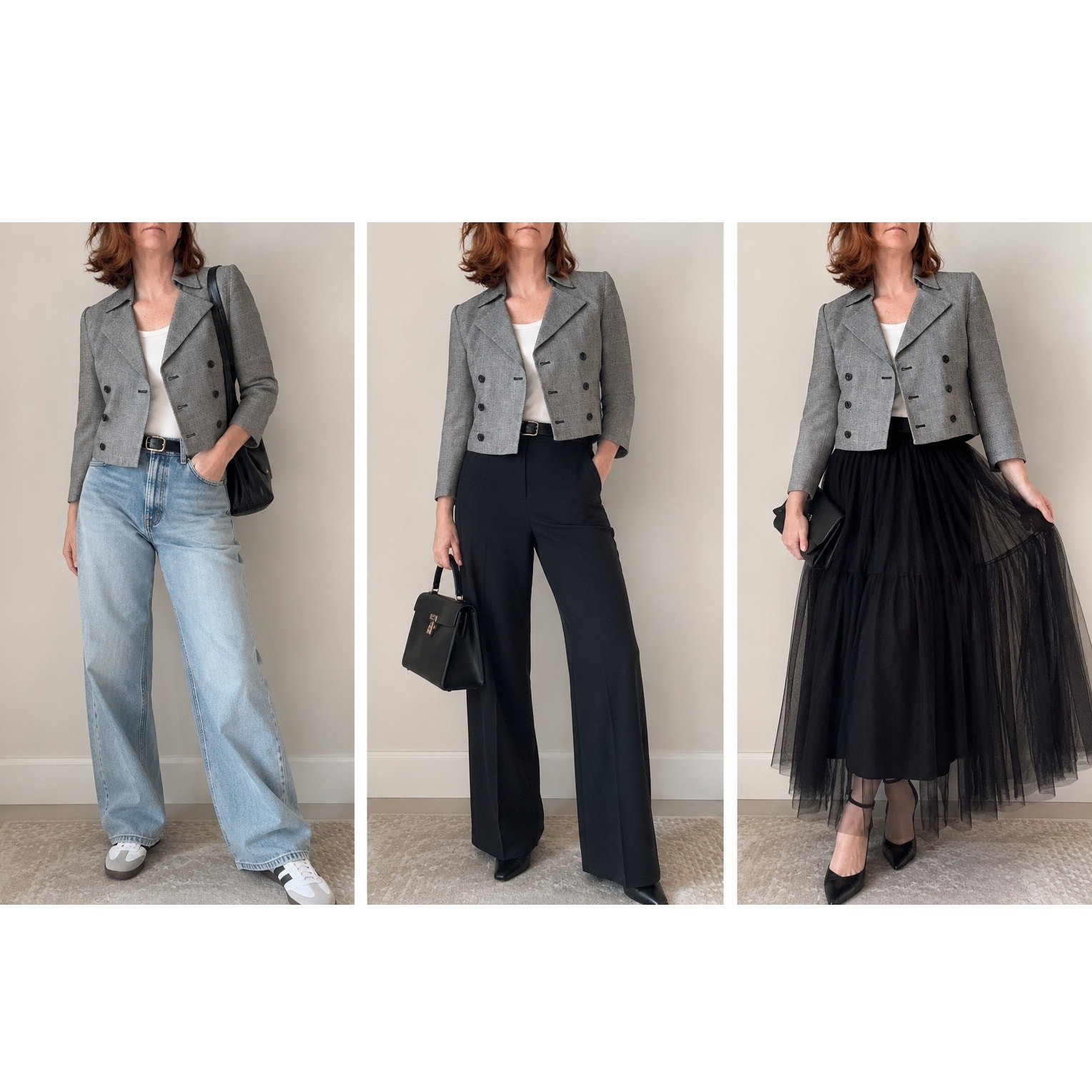 Vtg Cropped Blazers Black/White Herringbone Check Size 2P Double Breasted