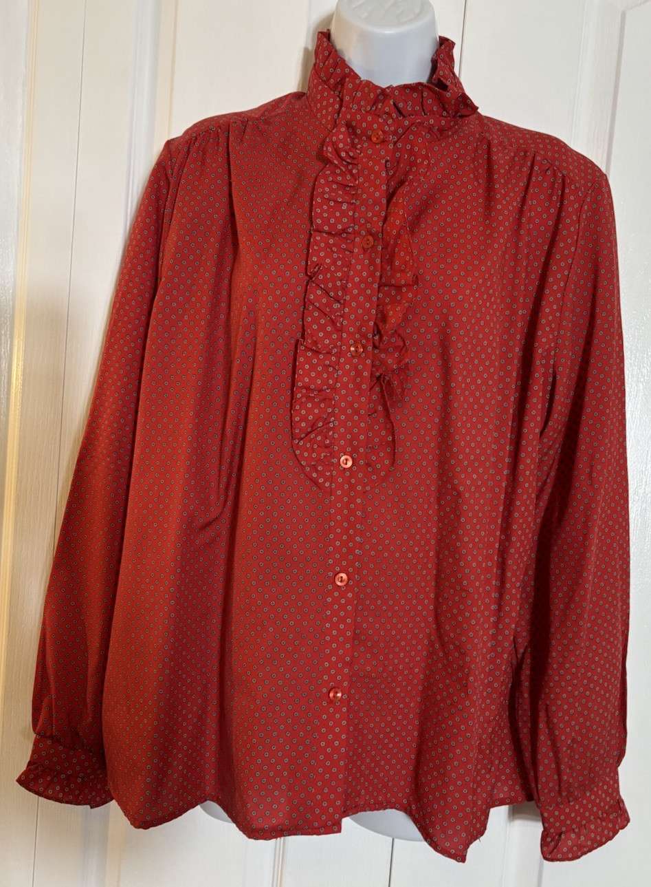 Vintage LEWMAR 1970s Red Floral Ruffled High Neck Blouse Secretary Geek XL