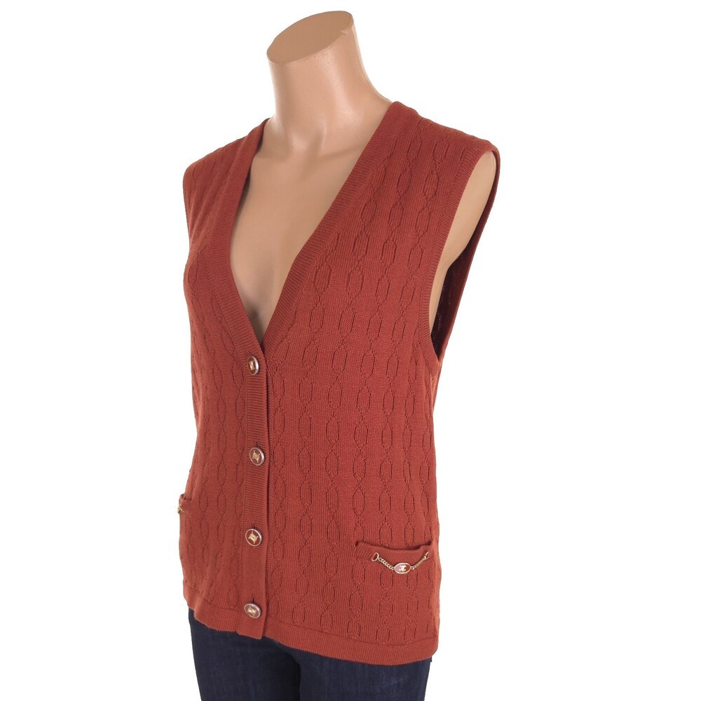 Vintage 80s 90s Celine Paris Sweater Vest Size 42 M Orange Logo Chainlink Knit