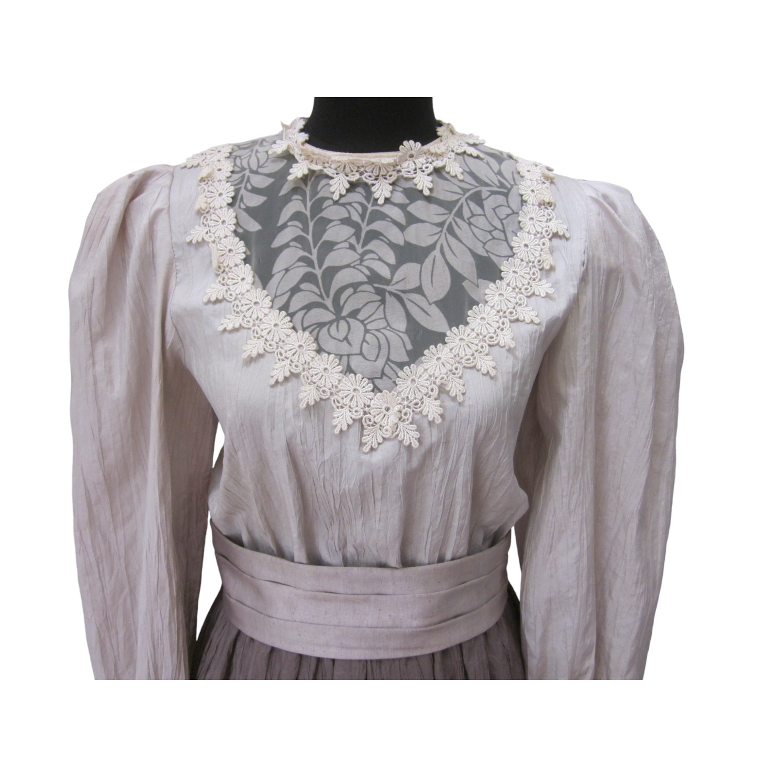 VTG DONNA MORGAN Beige & Taupe Lace Trim Long Puff Sleeve Taffeta Dress Sz 5 6