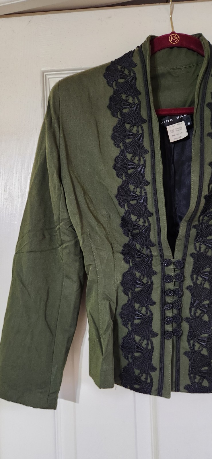 Edwardian Olive Green Jacket Black Embroidered Trim Flower Petals Size Small 90s