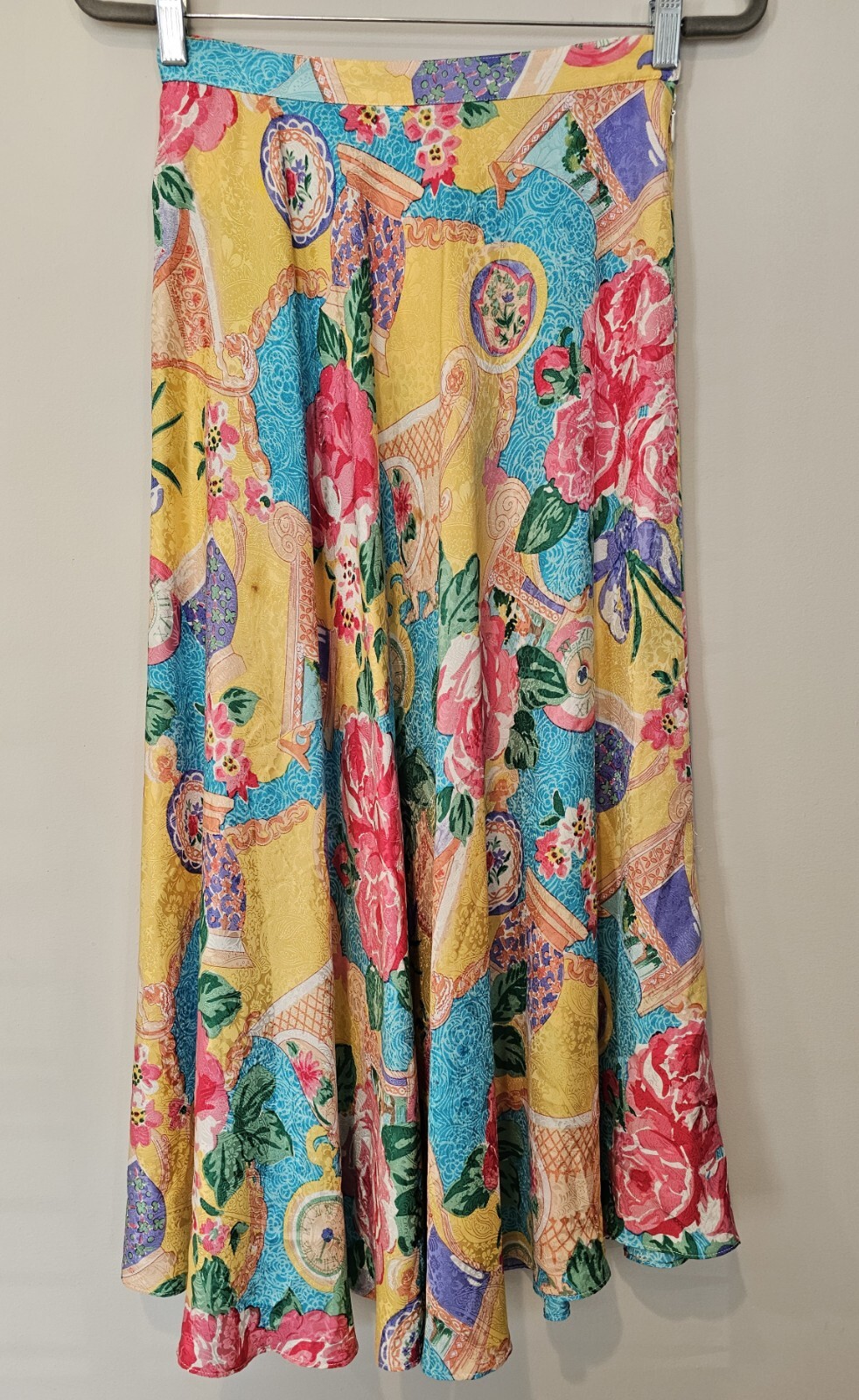 Vintage 100% Silk Made In Korea Floral Clock Print Asian Inspire Skirt Midi Maxi
