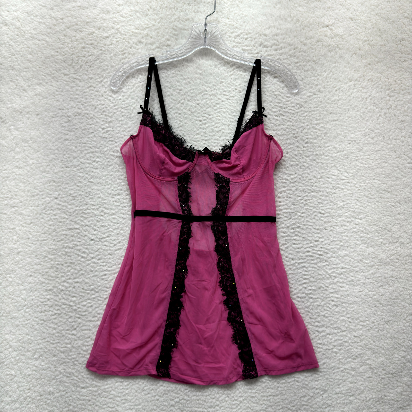 Y2K Vintage Fredericks of Hollywood Slip Dress XL Hot Pink Black Mesh Lingerie
