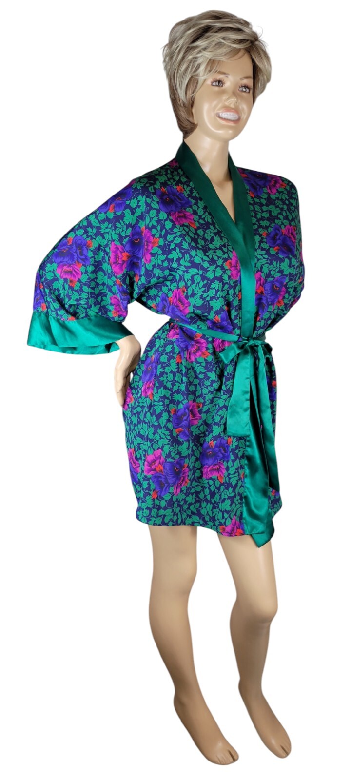 Vtg Victoria’s Secret Gold Label Poly Satin Green Purple Pink Red Floral Robe OS