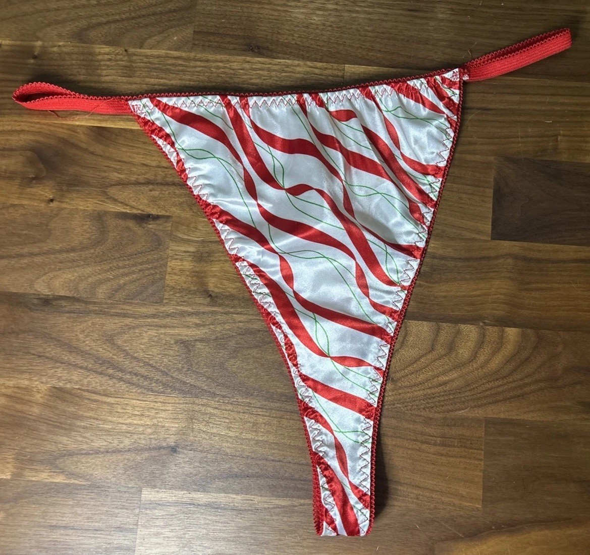 Vtg Shiny thong panties Second Skin Satin Glossary String Whale Tail RED Ribbon