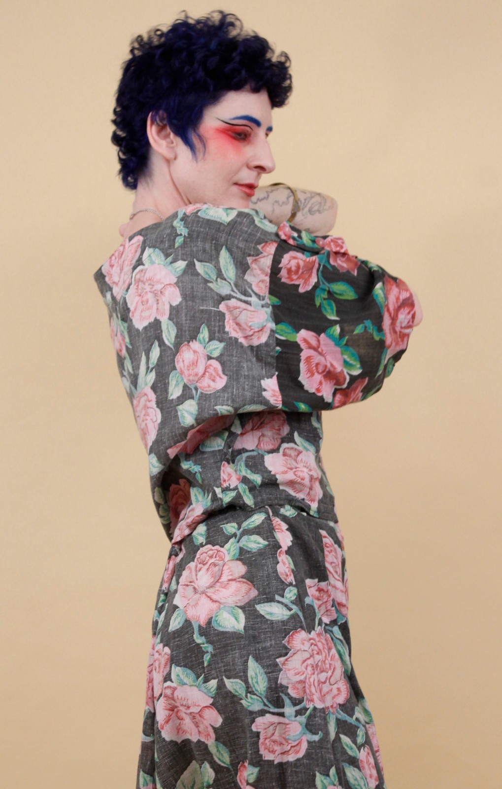 80s Vtg Gauzy Cotton Rose Print Black Pink Floral Drop Crotch Pant Set W27-30″