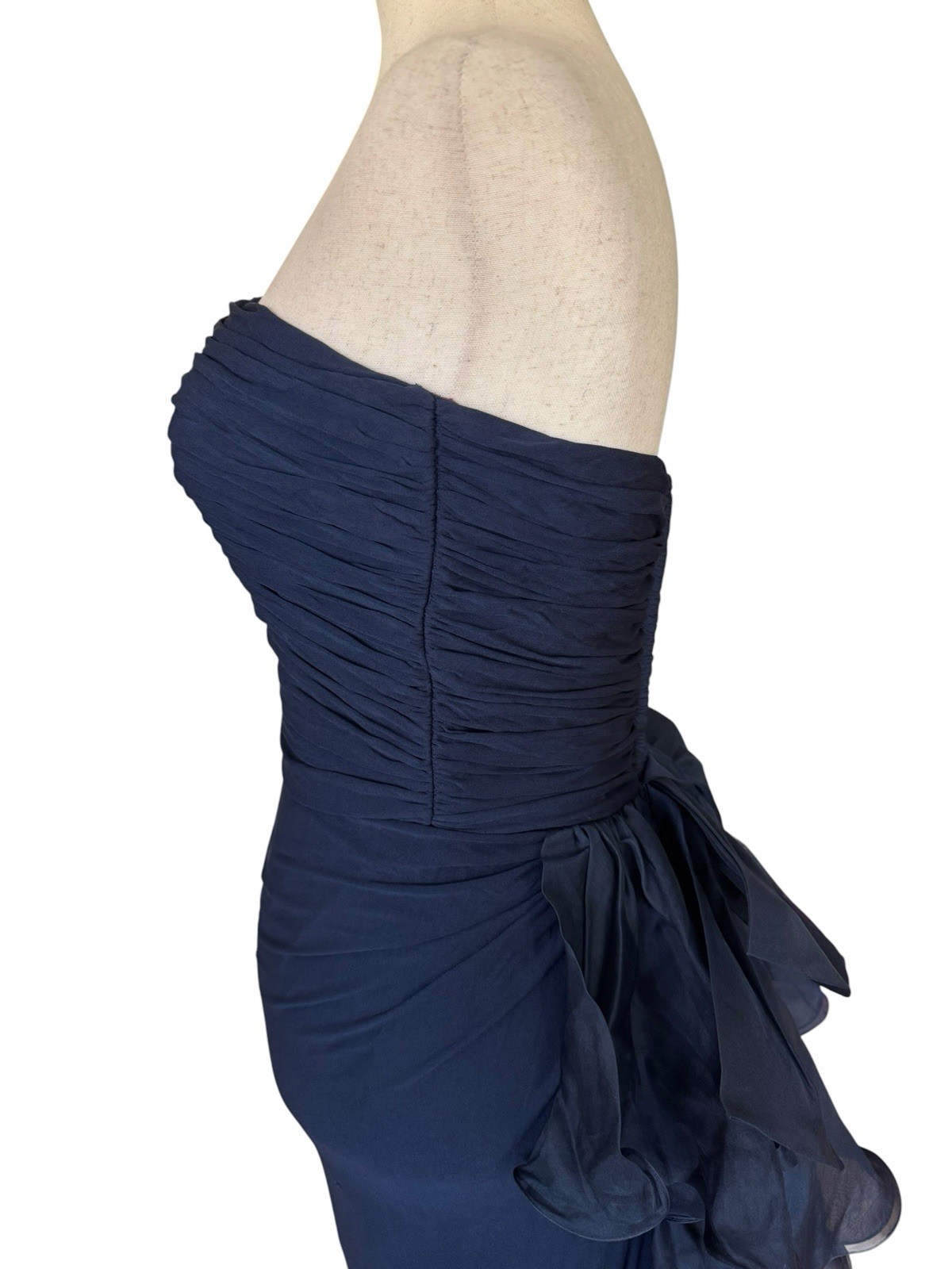 Vintage 70s 80s Jill Richards Strapless Navy Ruffle Bow Maxi Evening Dress Gown