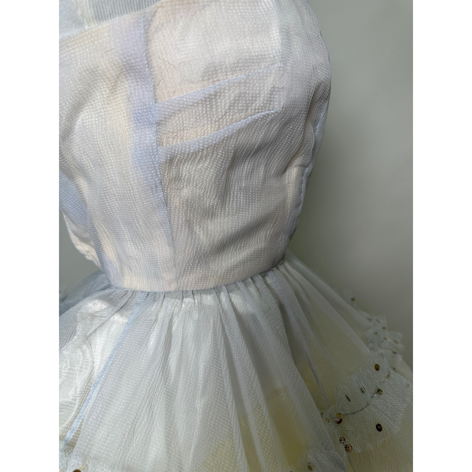 Vintage 1950s Pastel Baby Blue Tulle Ruffle Sequin Strapless Prom Party Dress