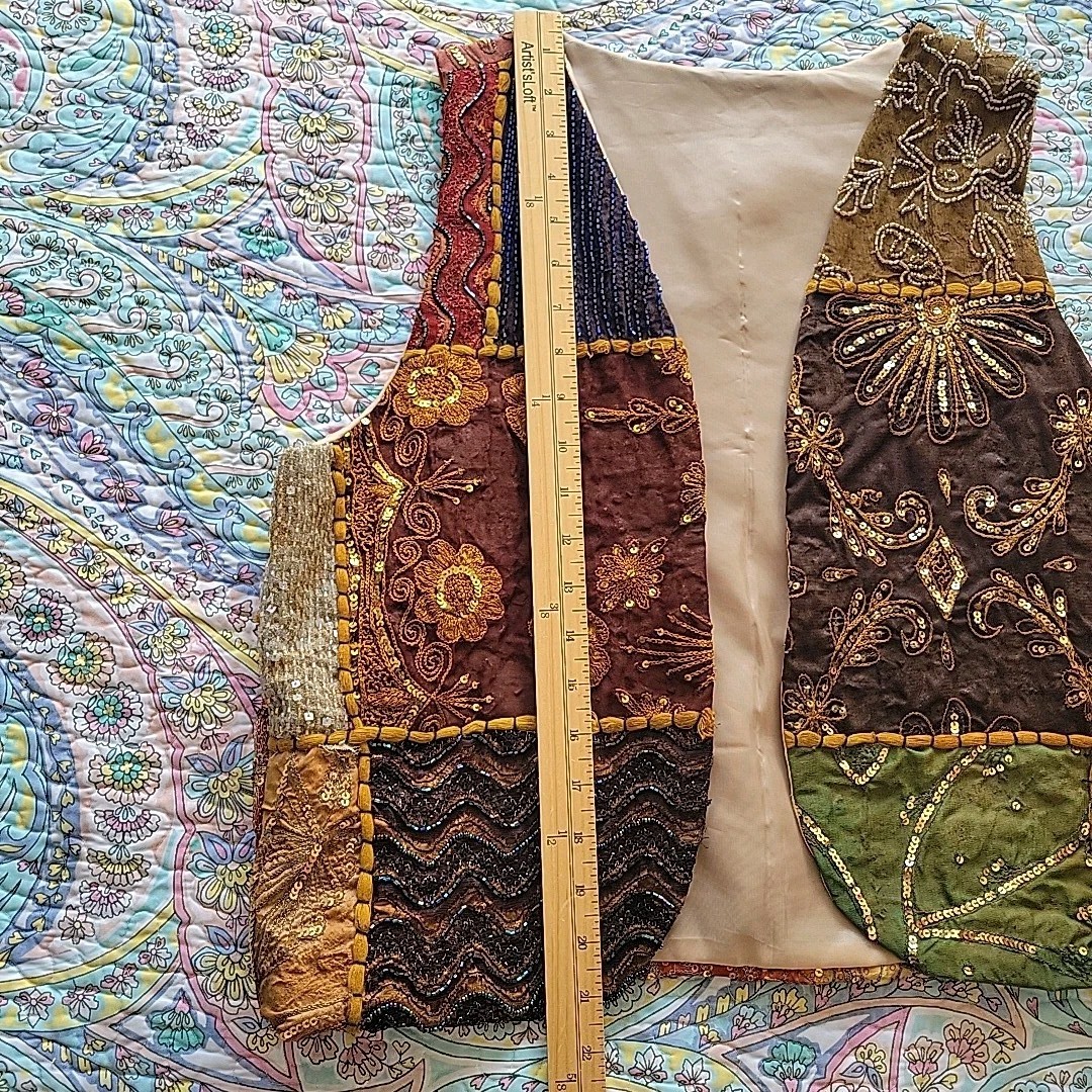 Vintage Beaded Patchwork Open Front Vest Sz O/S Hippie Boho Bohemian Cottage 90s