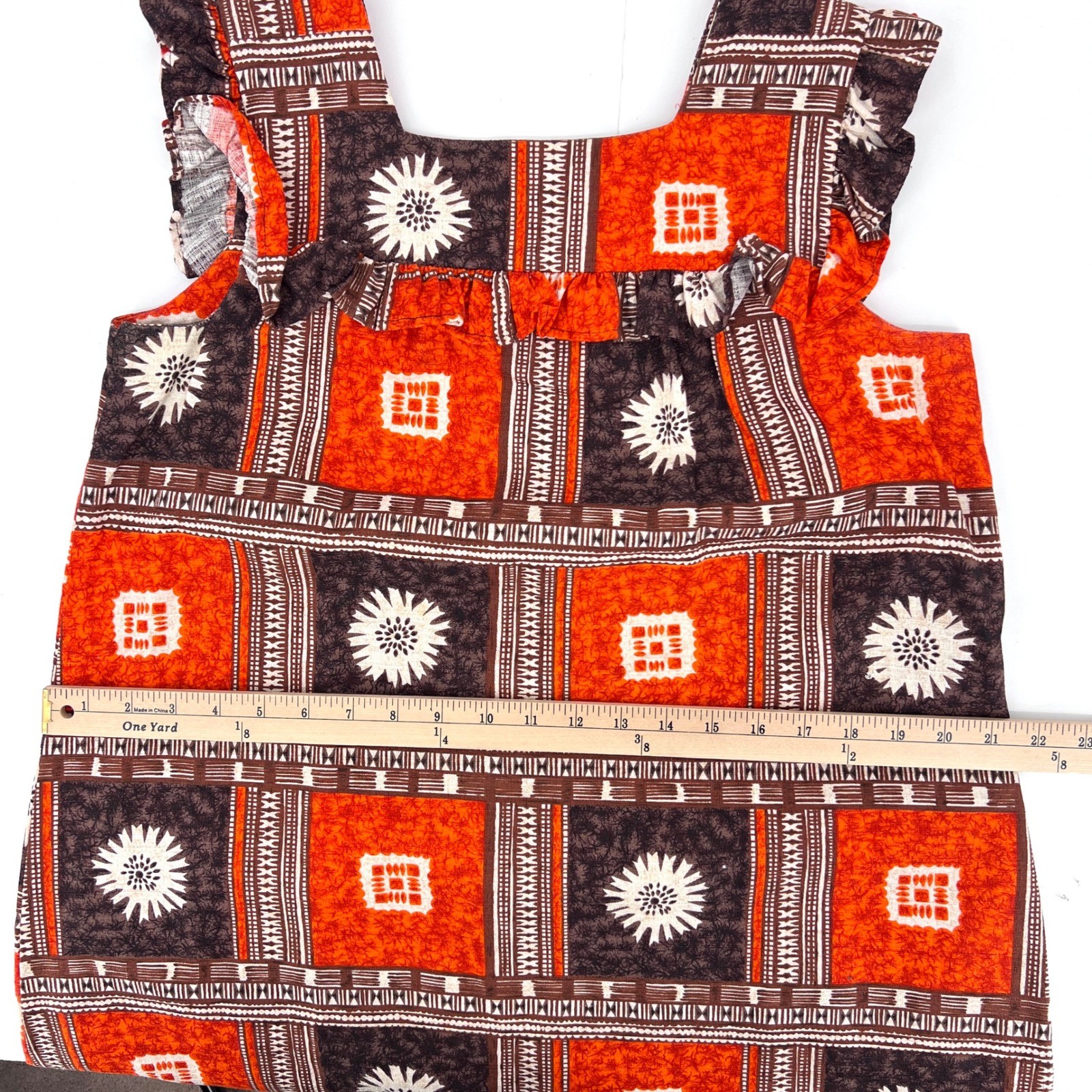 Vintage 1970s Tapa Designs Hawaiian Maxi Dress Ruffle Tapa Print tiki luau