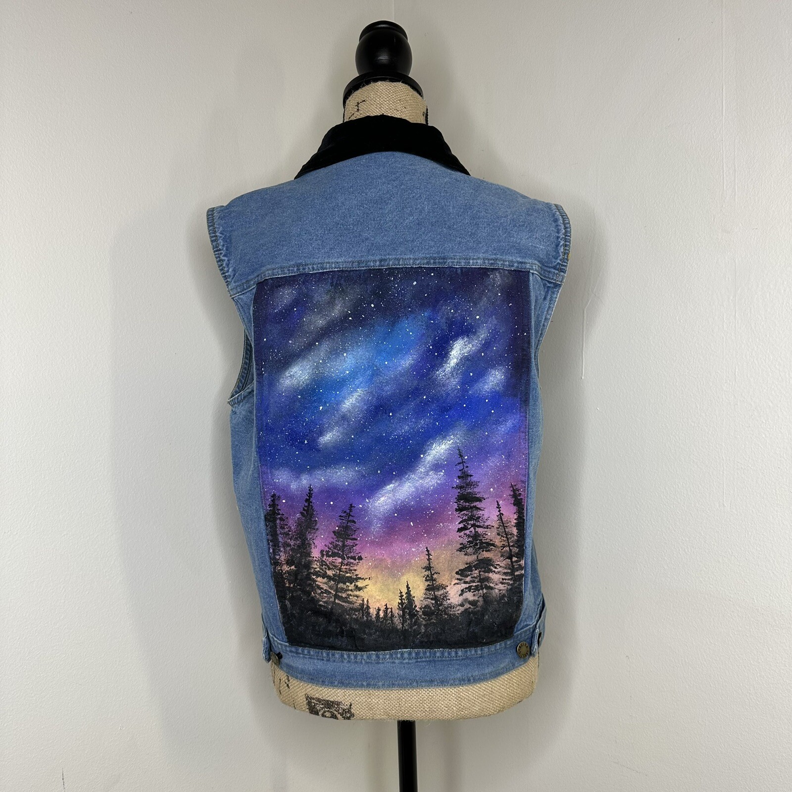 Vintage Hand Painted Denim Vest Womens Size M Forest Stars Generra Art To Wear