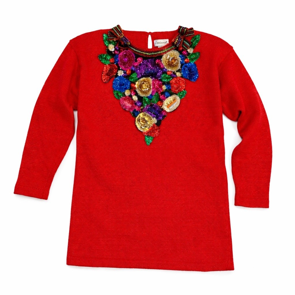 Vintage Eminent 80s Beaded Sweater S Red 3D Sequin Floral Statement Glam Top