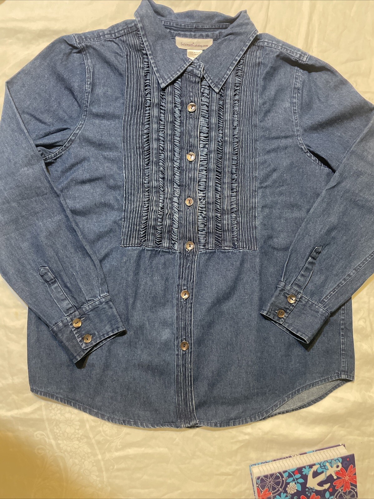 SERENGETI Catalog.com Vintage Pleated Denim Long sleeves Blouse Cowgirl Sz L