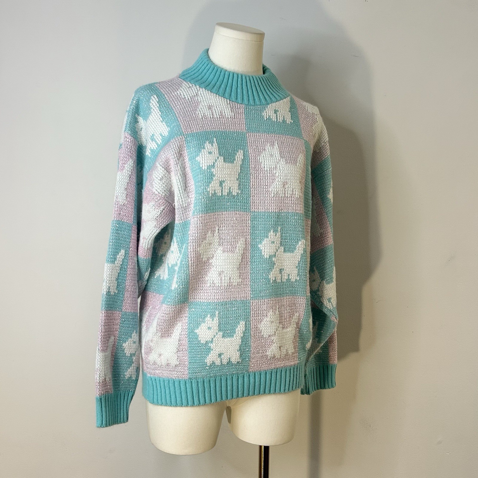 80s Soft Girl Preppy Scottie Dog Sweater Pink Blue Women’s 38 Inch Bust