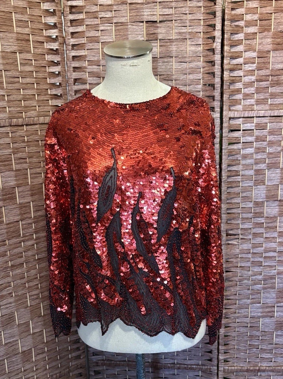 Vintage Oleg Cassini Red and Black Flames Sequins Beaded Sheer 80s Blouse Top M