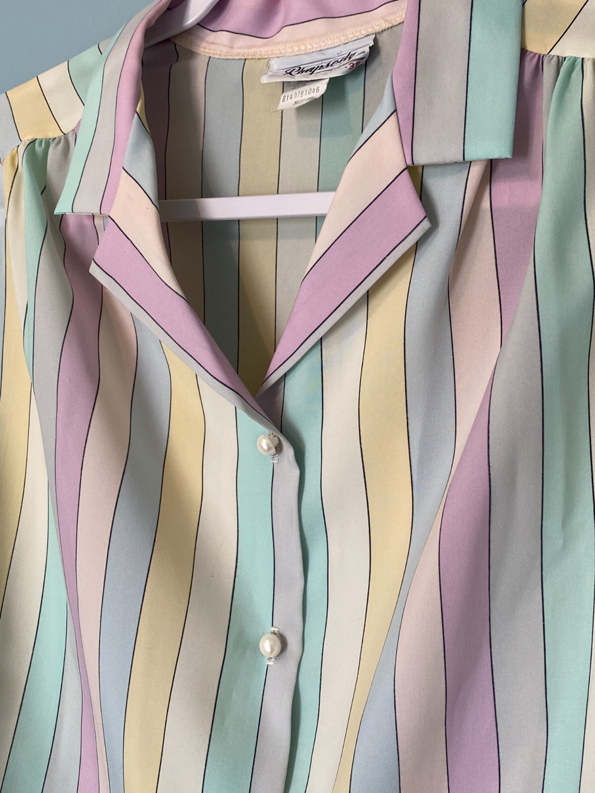 Vintage Rhapsody 70s 80s Pastel Candy Stripe Pearl Button Retro Blouse 38