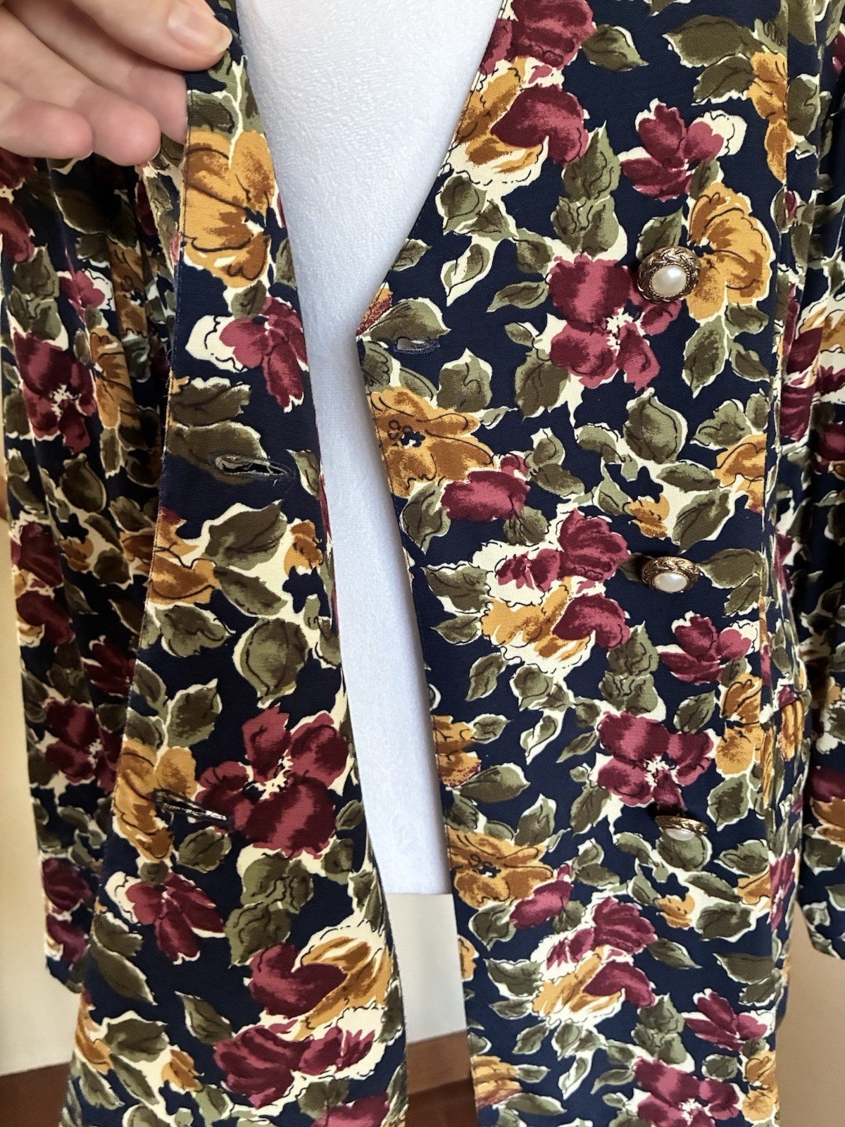 Vintage 90s Wrapper Rayon Navy Floral Double Breasted Jacket Blazer USA Made M