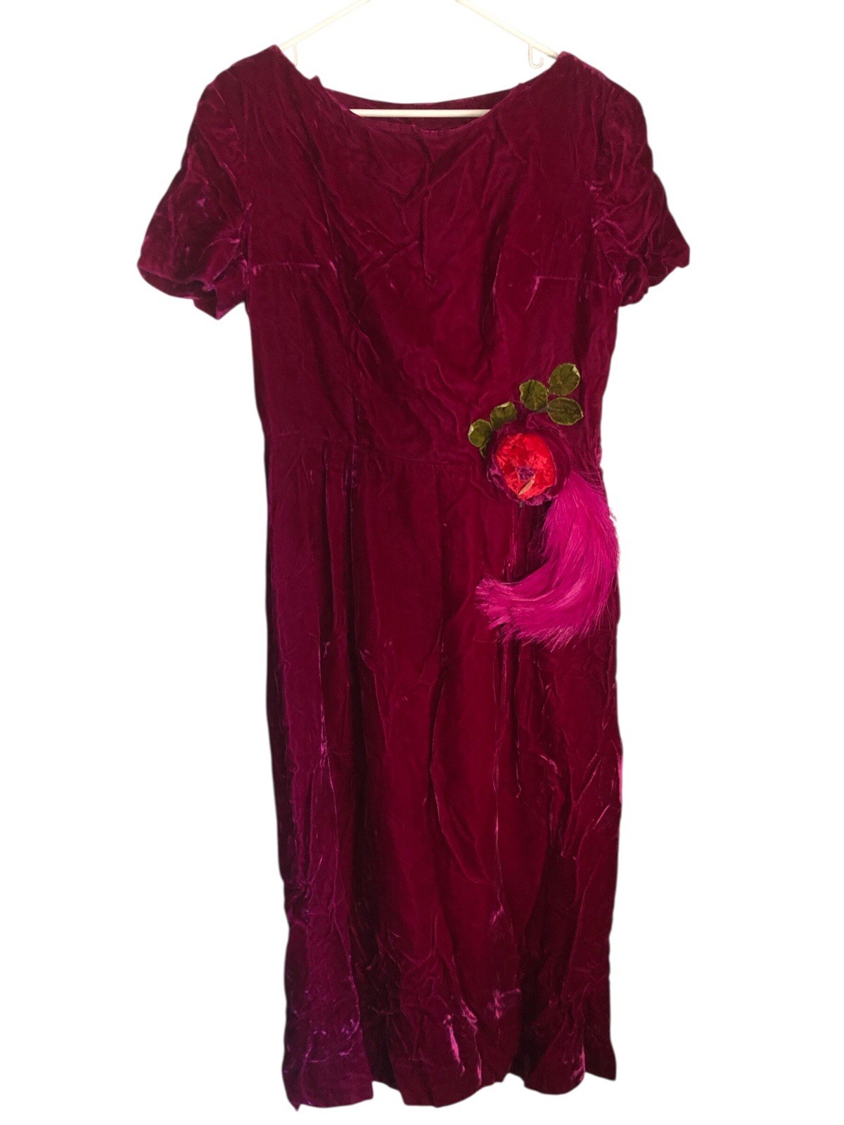 Vintage 30s 40s Crushed Velvet Dress Magenta Art Deco feather Corsage Size M