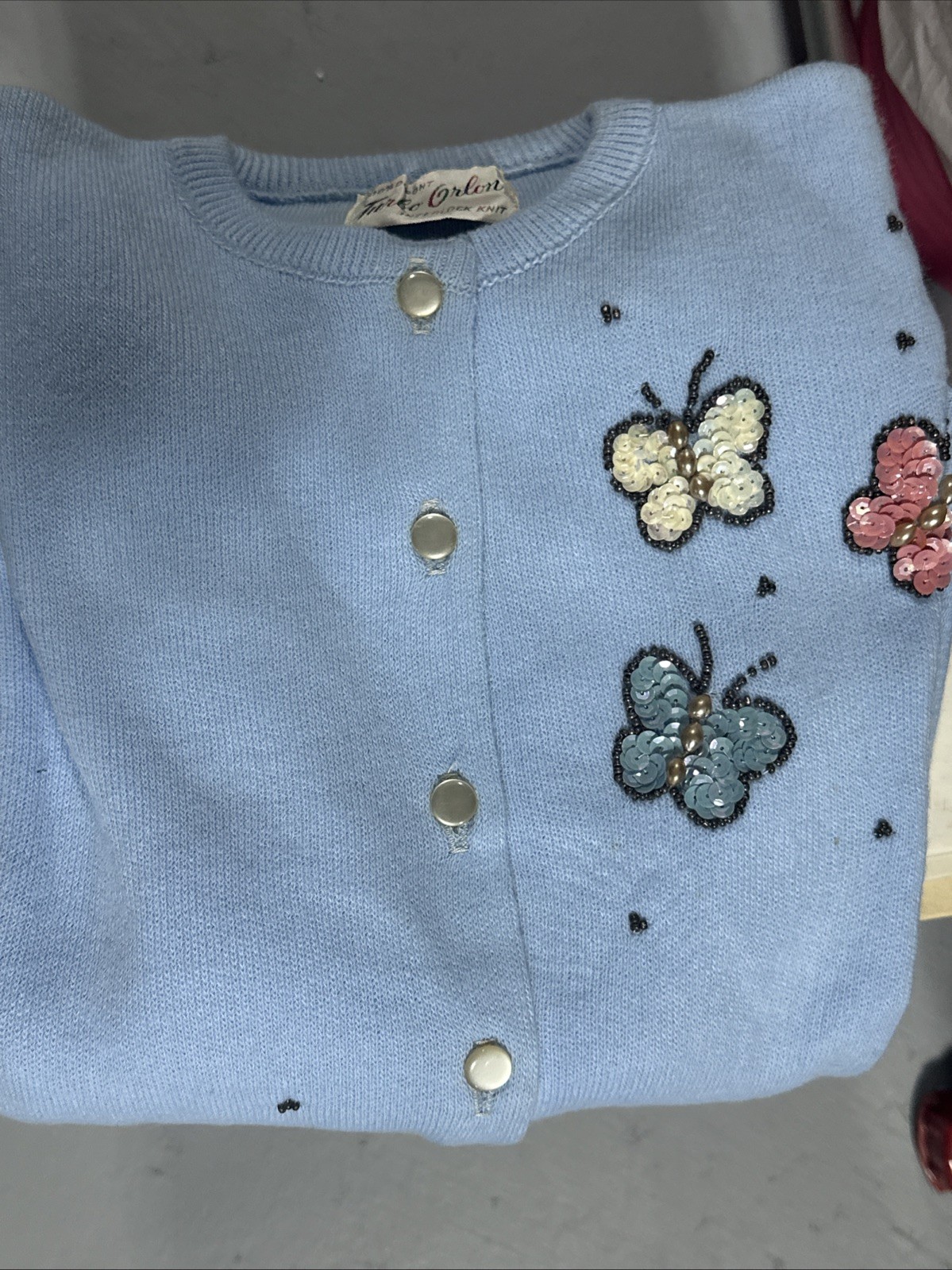 NOS Vtg 1950s Turbo Orlon Cardigan Sweater Baby Blue New 34 Sequined Butterfly